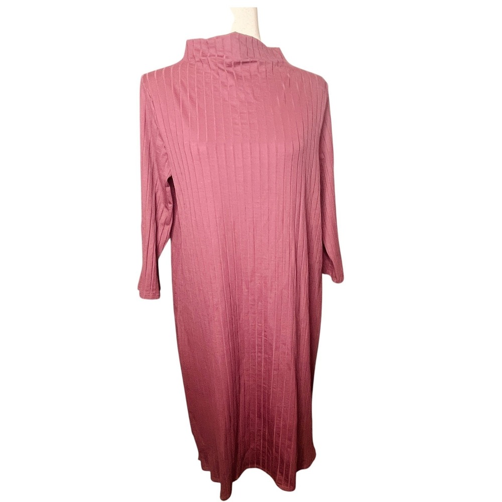 Eileen Fisher Womens Rose Tencel Ribbed Mock Neck Shift Dress Size M Made in USA